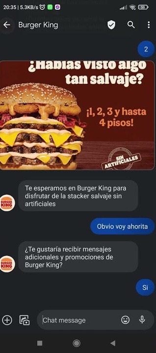 Burger King rich message in Spanish with a stacker burger card and reply buttons