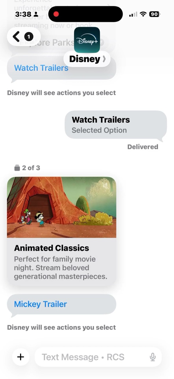 Disney rich message on iPhone with an Animated Classics card and a Mickey Trailer button