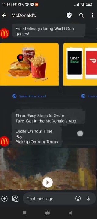 McDonald's rich message with World Cup delivery offers in a carousel and a video