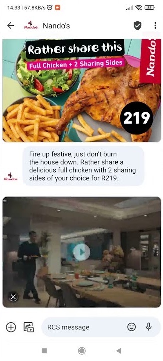 Nando's rich message with a meal card for sharing and a video