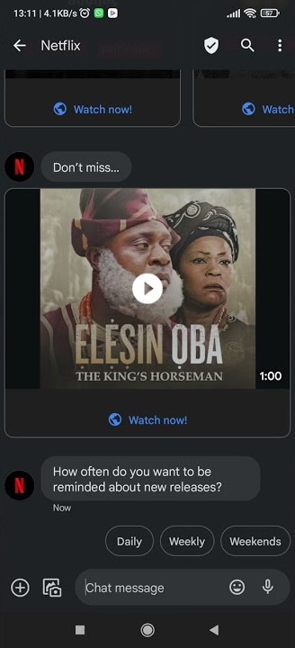 Netflix rich message in Nigeria with a video card for Elesin Oba, a Watch now button and a choice of reminders