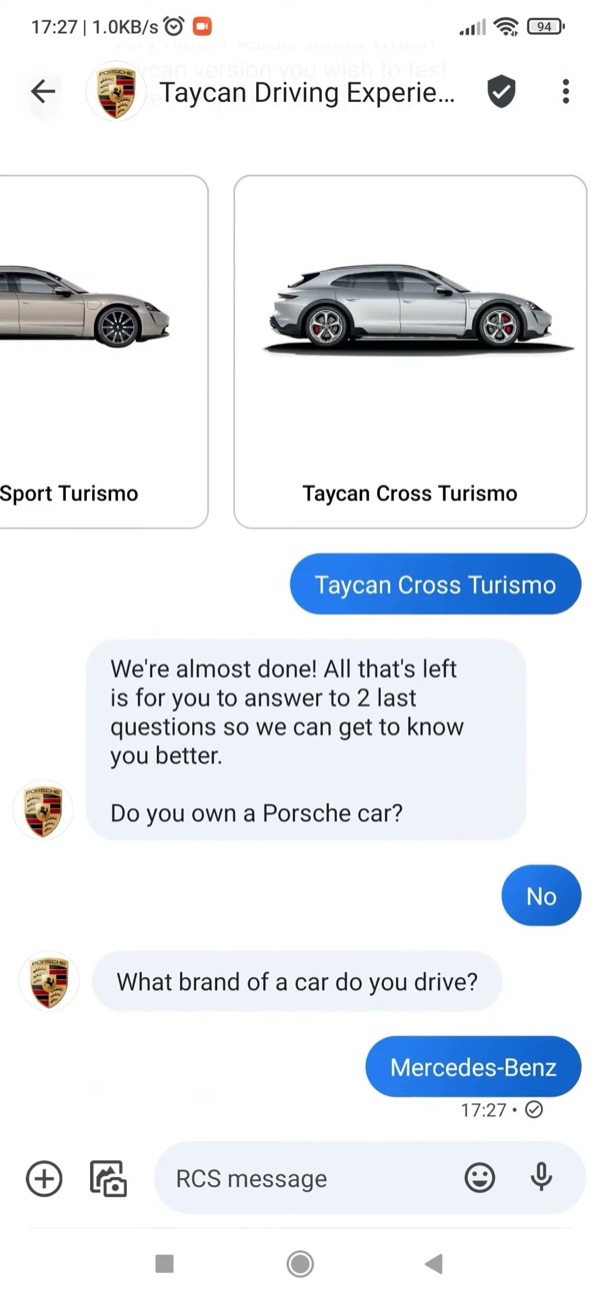 Porsche Taycan rich message with a carousel of two cars and quick questions for the driver