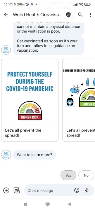 World Health Organization rich message with a carousel of Covid-19 prevention cards
